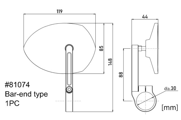 "D-MIRROR-23" Aluminum bar end mirror black