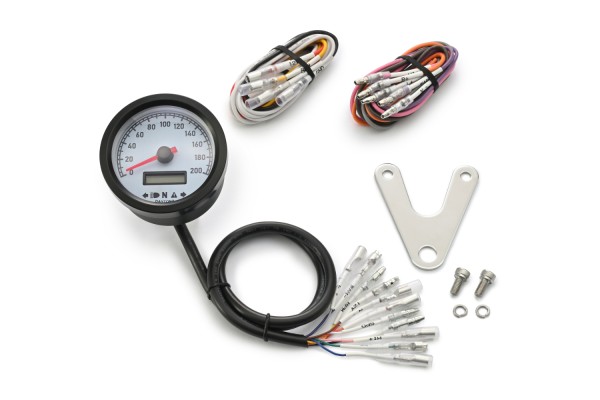 "VELONA60-WP" Tachometer 200 KM/H MPH m. Kontrollanzeigen, weiße LED, weißes Ziffernblatt, schwarzes Gehäuse